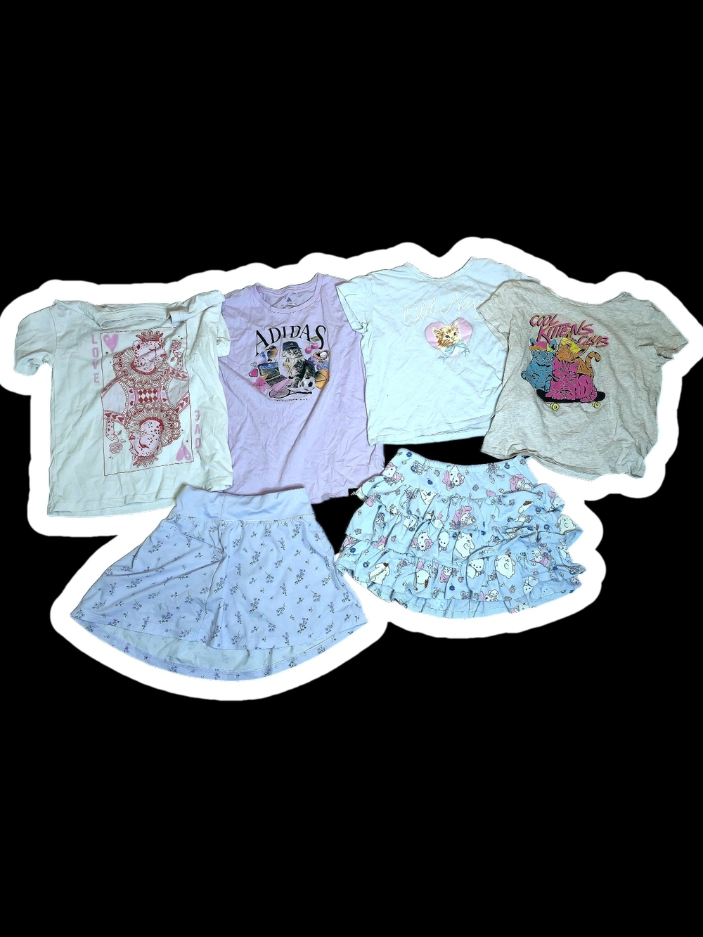 Girl's M Bundle Cat Graphic Tees + Pastel Skorts Set